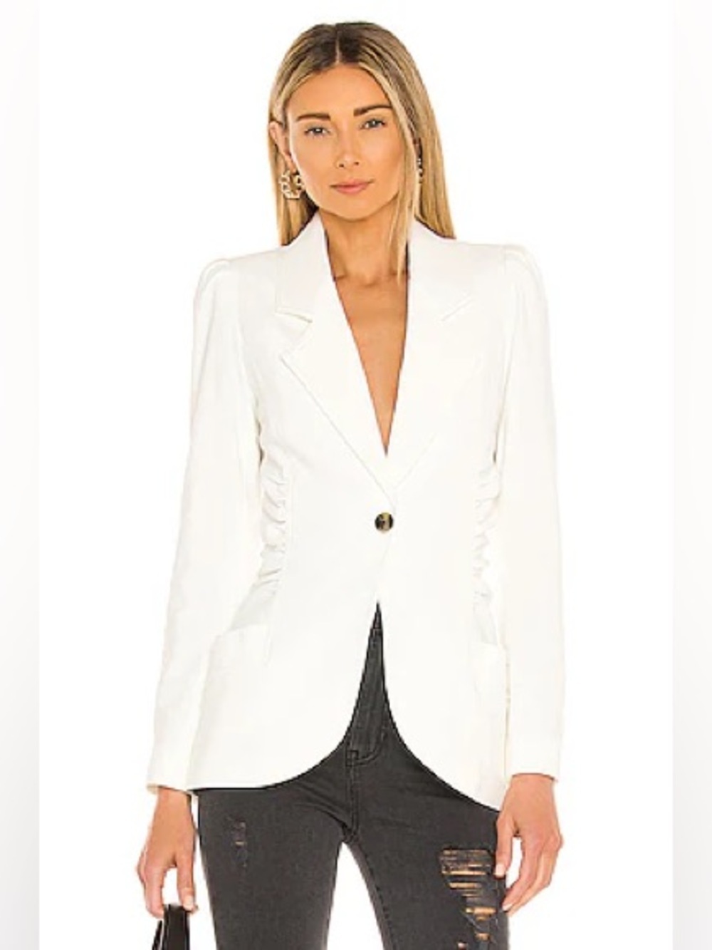 SMYTHE Ruched Blazer in White Seersucker Button Closure Size 6